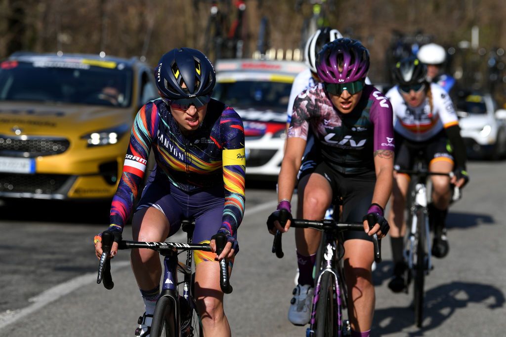 CITTIGLIO ITALY MARCH 21 Katarzyna Niewiadoma of Poland and Team Canyon SRAM Racing Soraya Paladin of Italy and Team Liv Racing during the 45th Trofeo Alfredo BindaComune di Cittiglio 2021 Womens Elite a 1418km stage from Cocquio Trevisago to Cittiglio 257m Breakaway TrBinda UCIWWT on March 21 2021 in Cittiglio Italy Photo by Tim de WaeleGetty Images