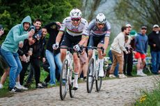 Tadej Pogačar and Mathieu van der Poel at Paris-Roubaix 2025