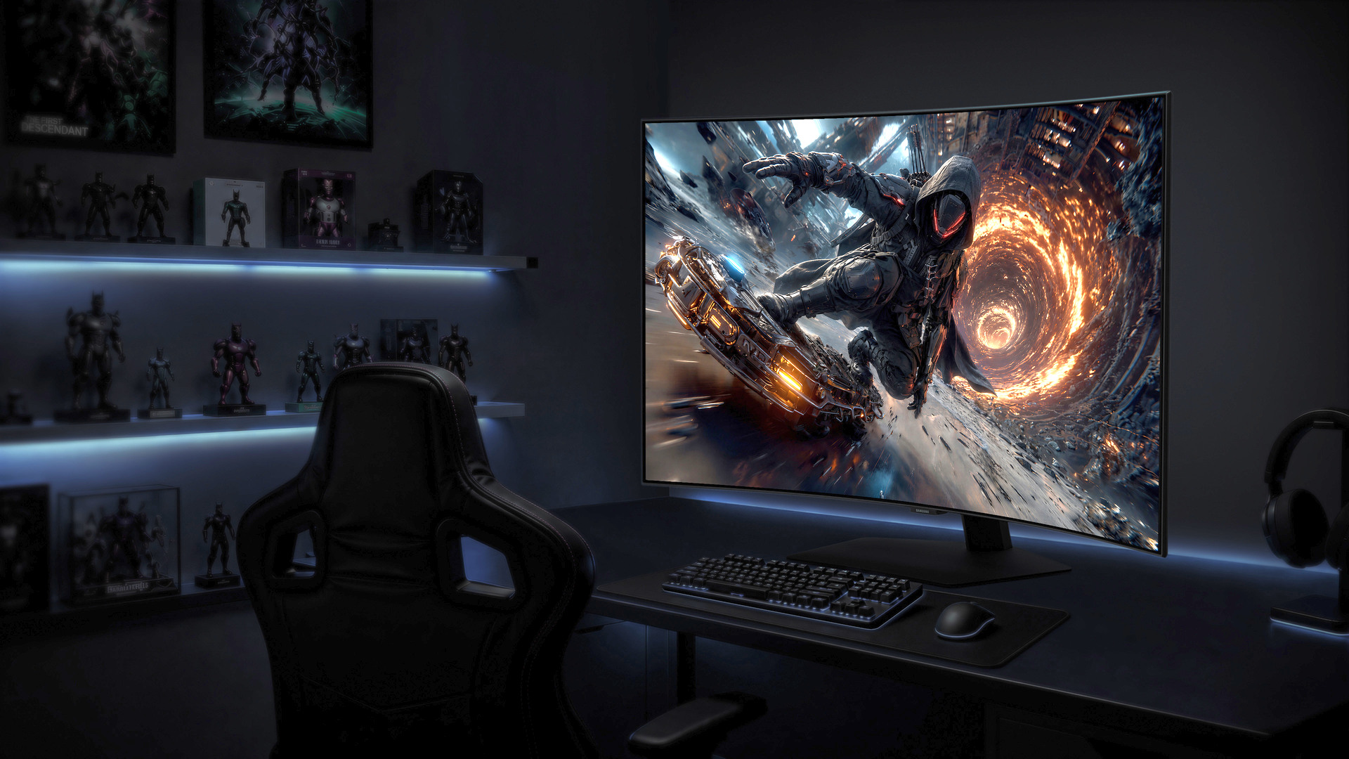 A render depicting the large Odyssey OLED G75SJ monitor on a desk.
