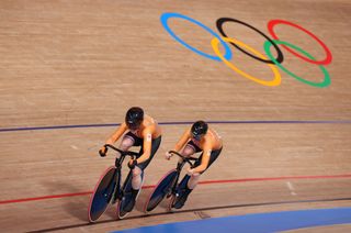 The Netherlands in action in the Team Sprint at the Tokyo Olympics in 2021