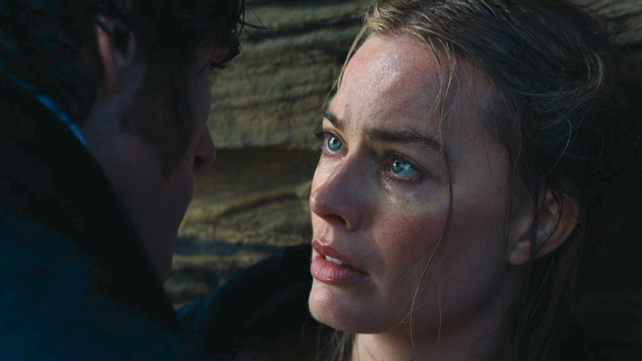 Margot Robbie looking at Jacob Elordi after their first kiss in Wuthering Heights