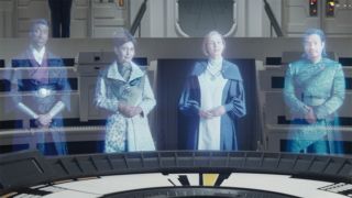 Still from the Star Wars T.V. series Ahsoka, season 1, episode 3. Mon Mothma and other New Republic politicians. They're all blue-tinted holograms around a table.