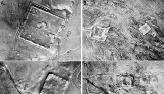Four back-and-white aerial images showing roman forts captured in satellite photos by the U.S. military.