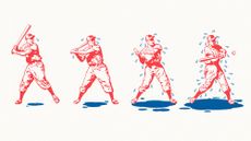 Illustration of a baseball player swinging the bat and becoming progressively sweatier