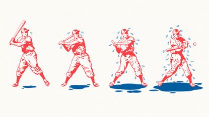 Illustration of a baseball player swinging the bat and becoming progressively sweatier