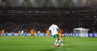 A general wide view while Cristiano Ronaldo of Portugal runs with the ball during the 2010 FIFA World Cup South Africa Group G match between Ivory Coast and Portugal at Nelson Mandela Bay Stadium on June 15, 2010 in Port Elizabeth, South Africa.