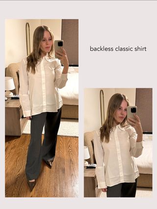 Nikki wears the cult gaia x gap backless classic shirt with gray trousers and patent leather flat slingbacks.