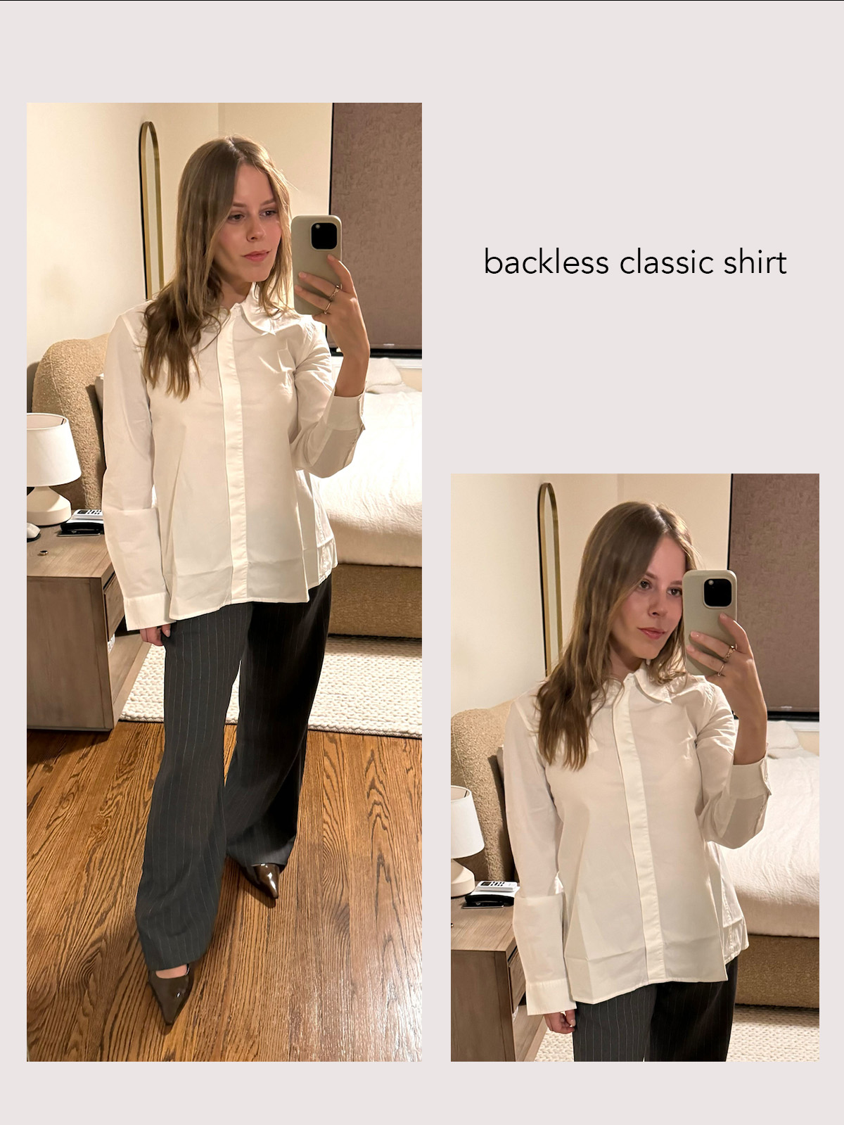 Nikki wears the cult classic gaia x gap backless shirt with gray pants and patent leather flat sandals.