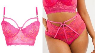model showing plus size pink long line bra and matching briefs with harness detail