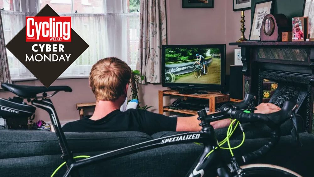 Cyclist watching bicycle racing on the TV thanks to Cyber Monday deals on streaming subscriptions