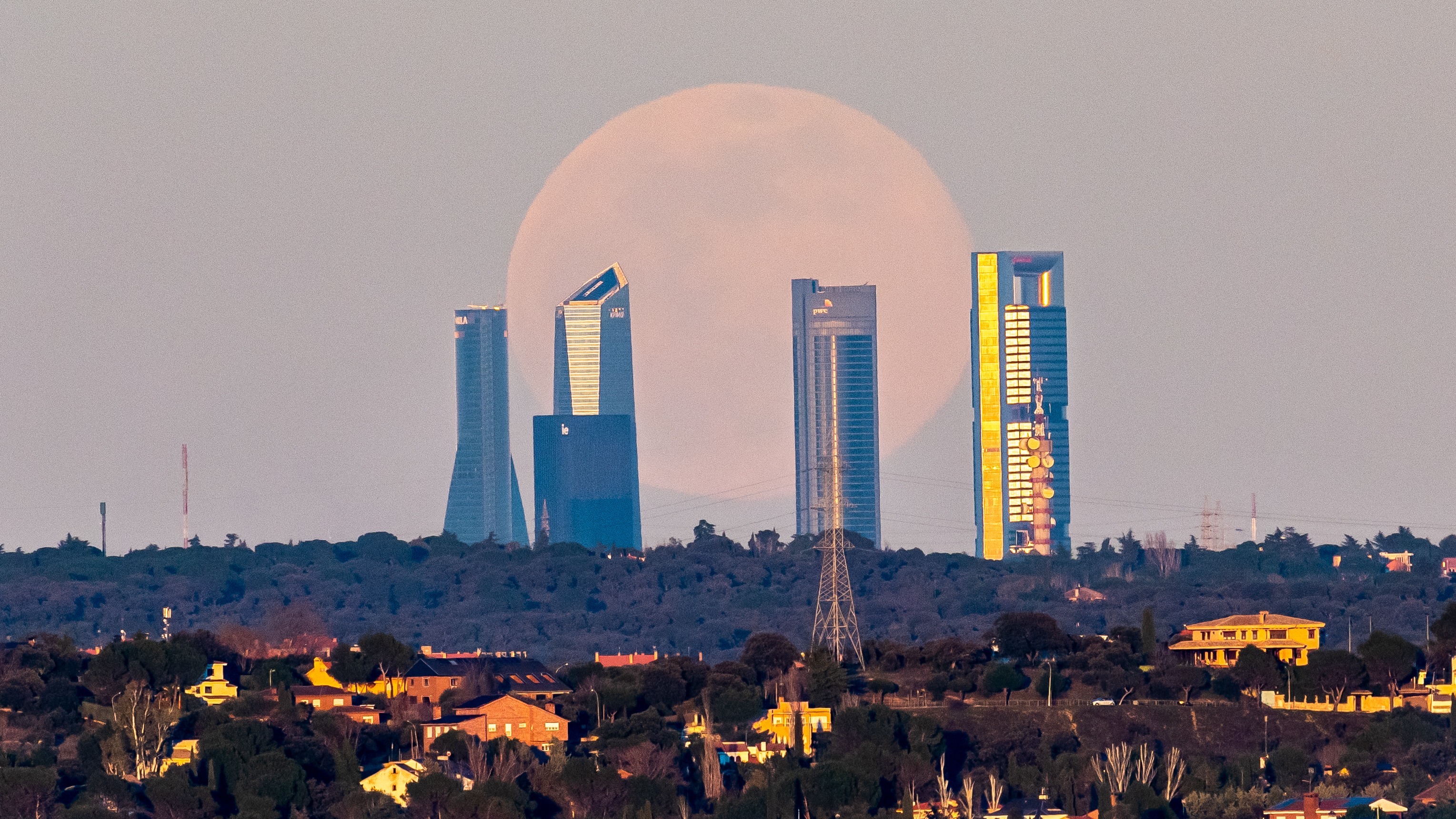 large snow moon behind skyscrapers at a distance