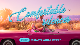 Tinder ad showing a couple in a car with the text 'Comfortable silences'