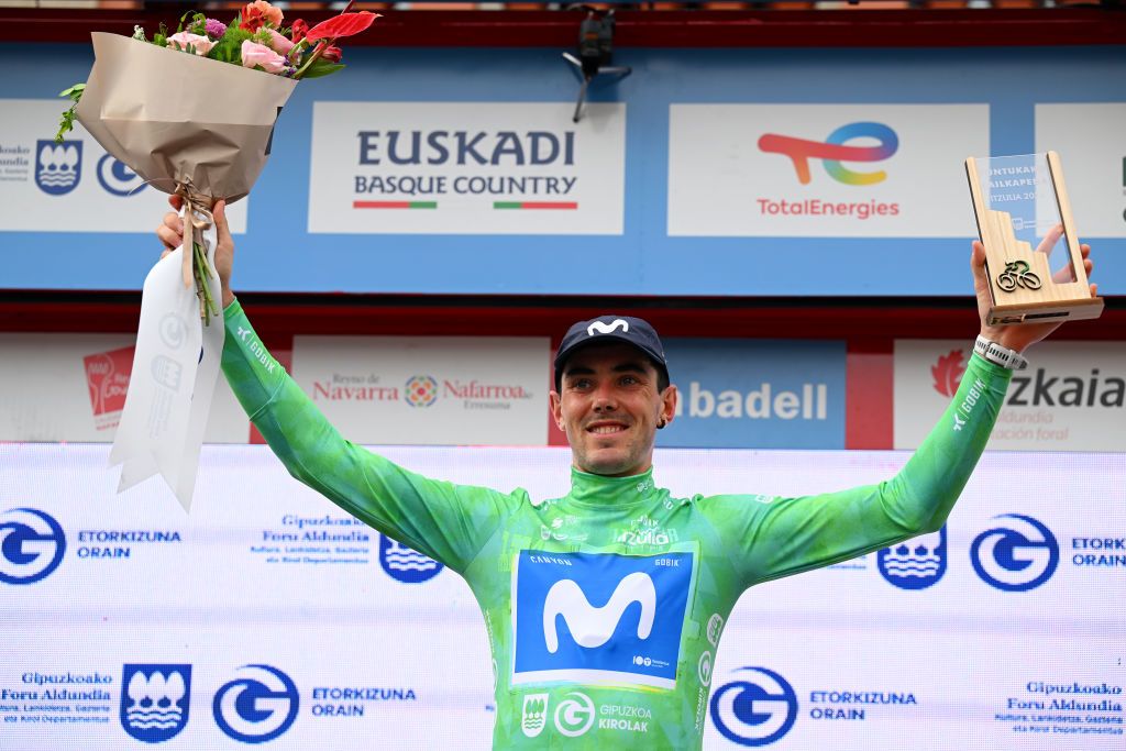EIBAR SPAIN APRIL 06 Alex Aranburu of Spain and Movistar Team Green Points Jersey celebrates at podium during the 63rd Itzulia Basque Country 2024 Stage 6 a 1378km stage from Eibar to Eibar UCIWT on April 06 2024 in Eibar Spain Photo by Tim de WaeleGetty Images