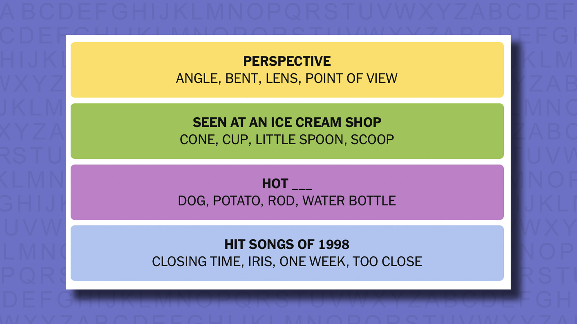 NYT Connections answers for game 733 on a purple background