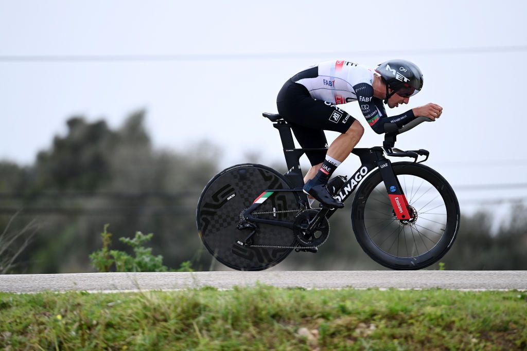 LAGOAPRAIA DO CARVOEIRO ALGARVE PORTUGAL FEBRUARY 19 Joao Almeida of Portugal and UAE Team Emirates sprints during the 49th Volta ao Algarve em Bicicleta 2023 Stage 5 a 244km individual time trial stage from Lagoa to Lagoa VAlgarve2023 on February 19 2023 in Lagoa Algarve Portugal Photo by Tim de WaeleGetty Images