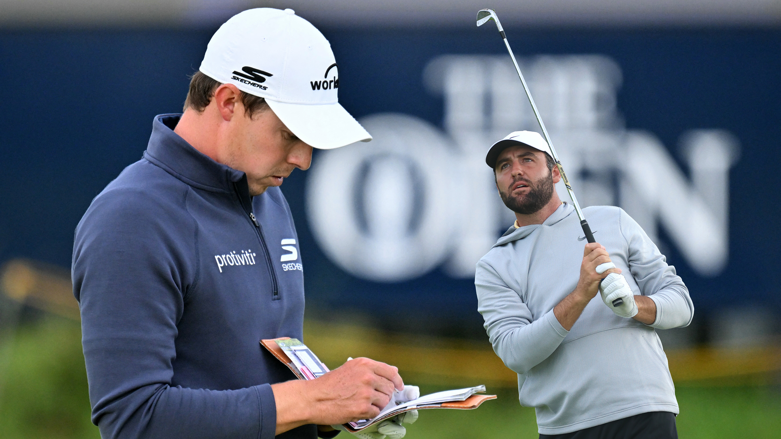 Matt Fitzpatrick checking his yardage book at Royal Portrush during the 153rd Open Championship, with an inset image of Scottie Scheffler in the finish position after hitting an iron shot at the Open
