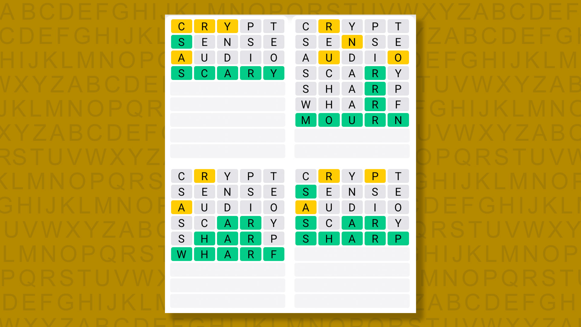 Quordle answers for game 1509 on a yellow background