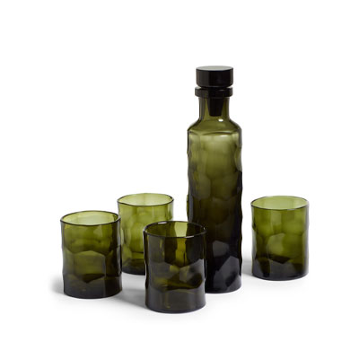 set of four green glass tumblers with matching water bottle