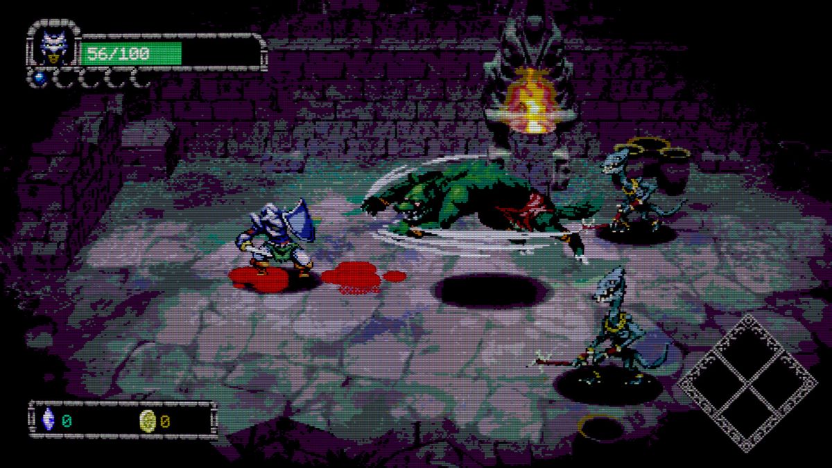 Dungeon Lurker screenshot showing knight protagonist blocking attack from wolfman