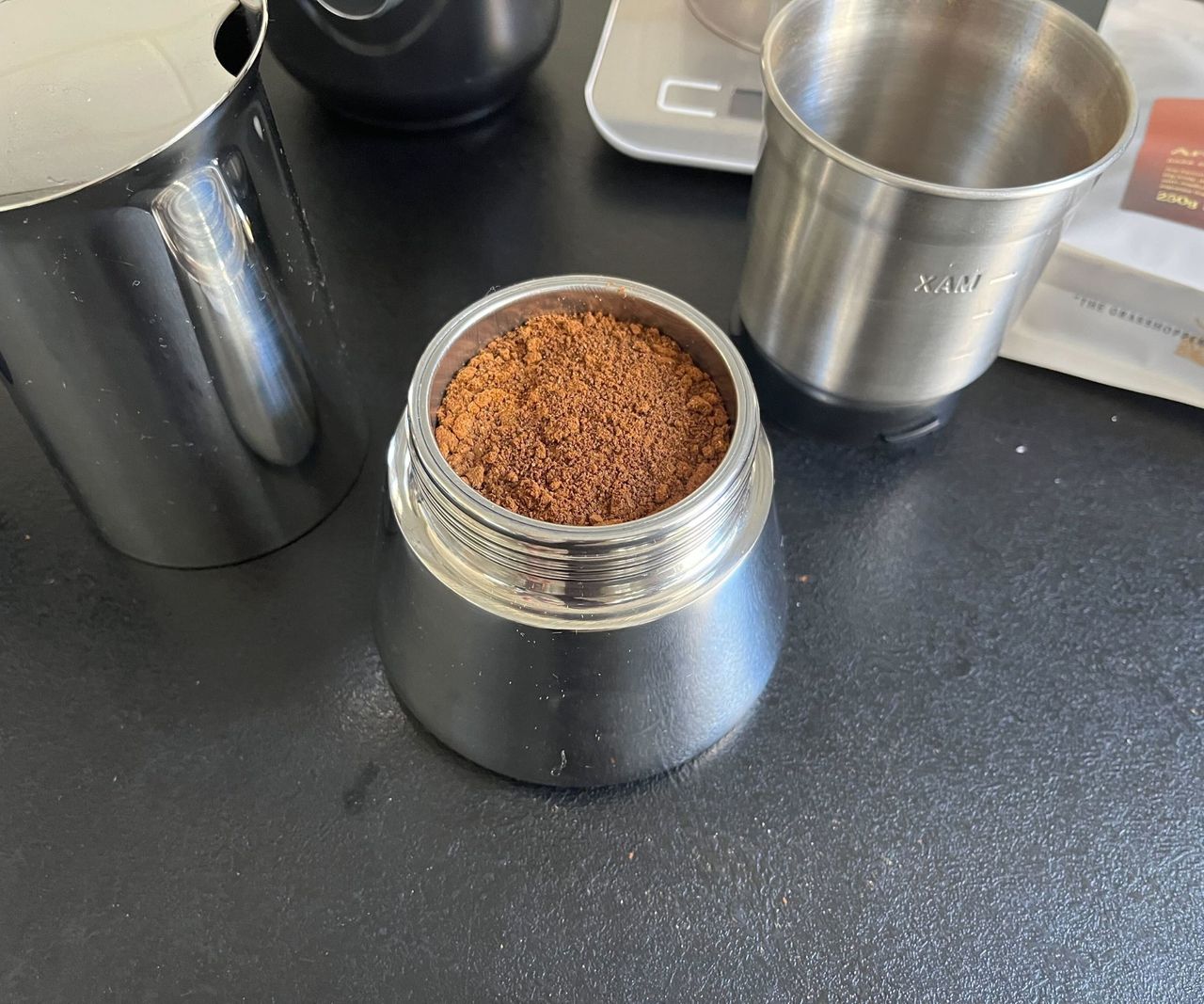 Fresh ground coffee in the bottom filter of the Bialetti Venus coffee pot