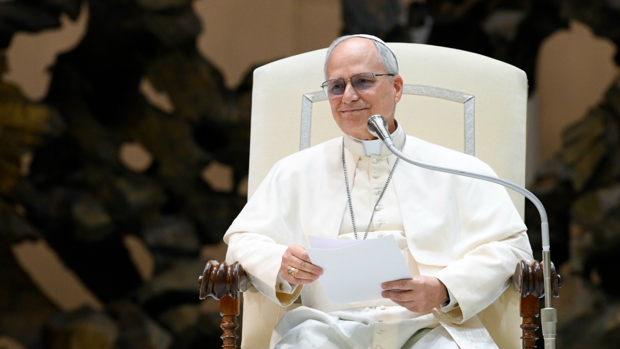 Pope Leo XIV speaks during a press conference at the Vatican on May 12, 2025.