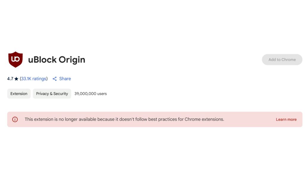 uBlock and a handful of other popular Google Chrome extensions have