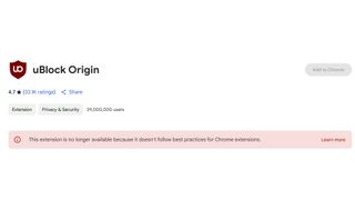 uBlock Origin chrome extension, showing it is no longer available to add to Chrome