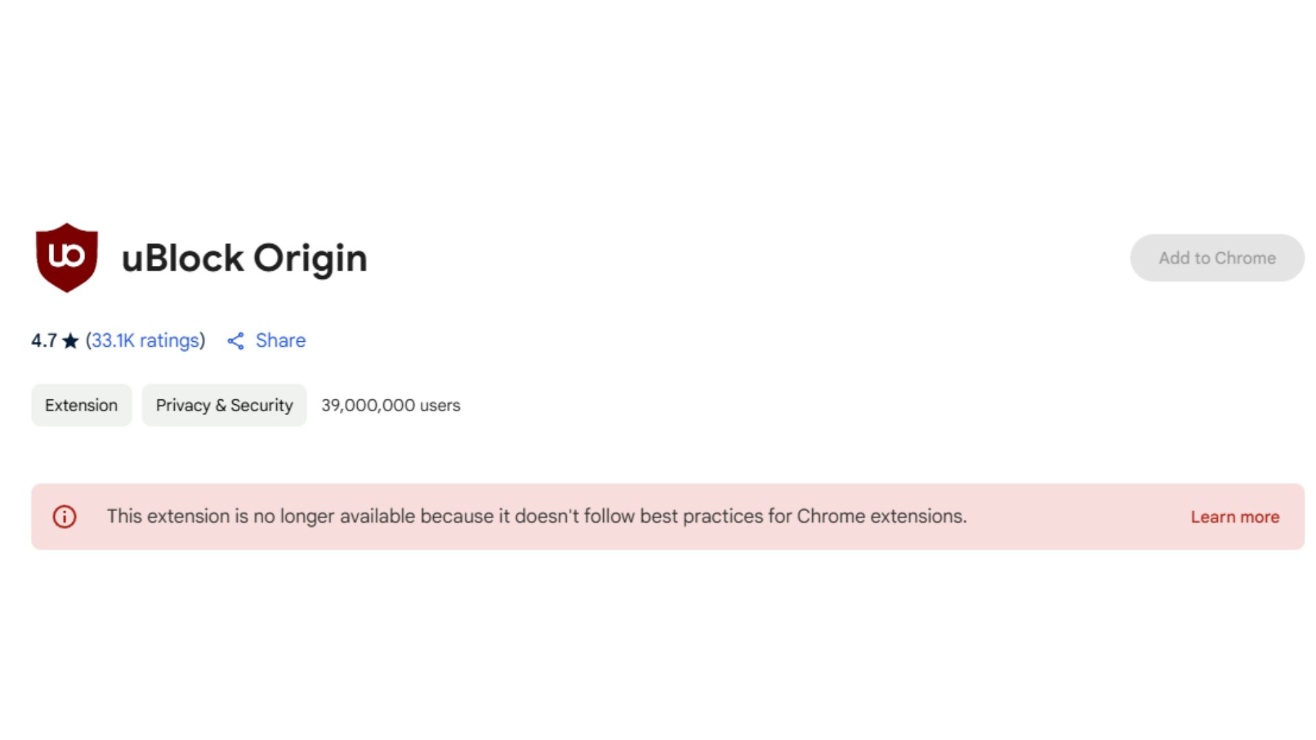 uBlock Origin chrome extension, showing it is no longer available to add to Chrome