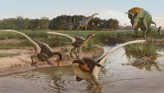 An illustration showing the newfound raptor dinosaur Dineobellator notohesperus, which lived at the end of the Cretaceous Period in what is now New Mexico. The ceratopsid (horned dinosaur) Ojoceratops and sauropod Alamosaurus are in the background. 