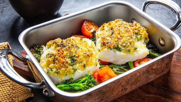 Pescatarian? Ovenbaked Cod in metal tray, recipe from Fishmas