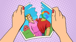 A cartoon woman tears a photograph of her and a man with the Google logo for a head