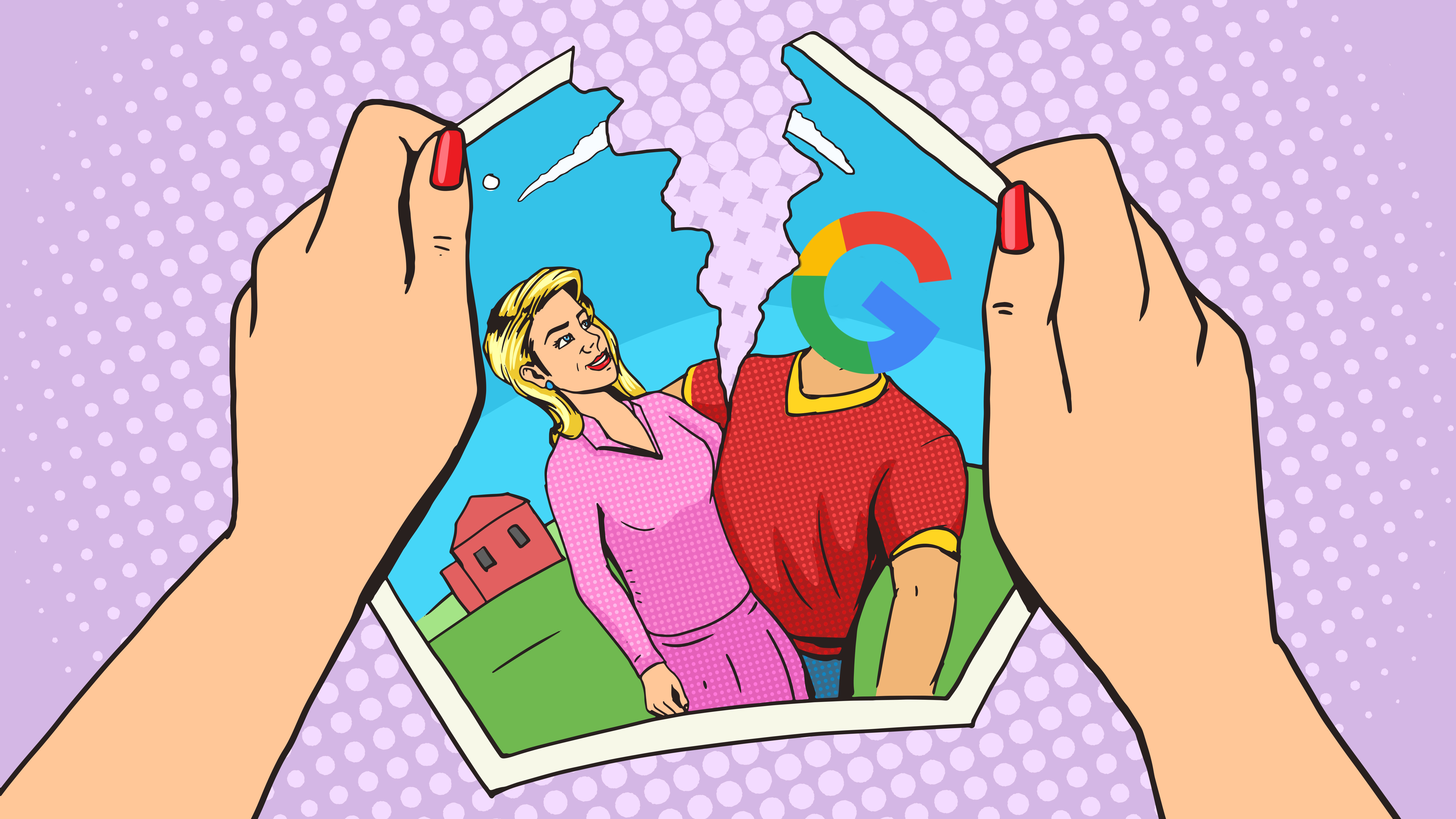 A cartoon woman tears a photograph of her and a man with the Google logo for a head