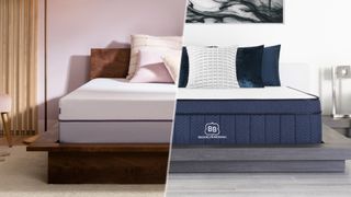 The Purple Plus mattress on a bed frame in a room (left) vs the Brooklyn Bedding Aurora Luxe Cooling mattress on a bed frame in a bedroom (right)