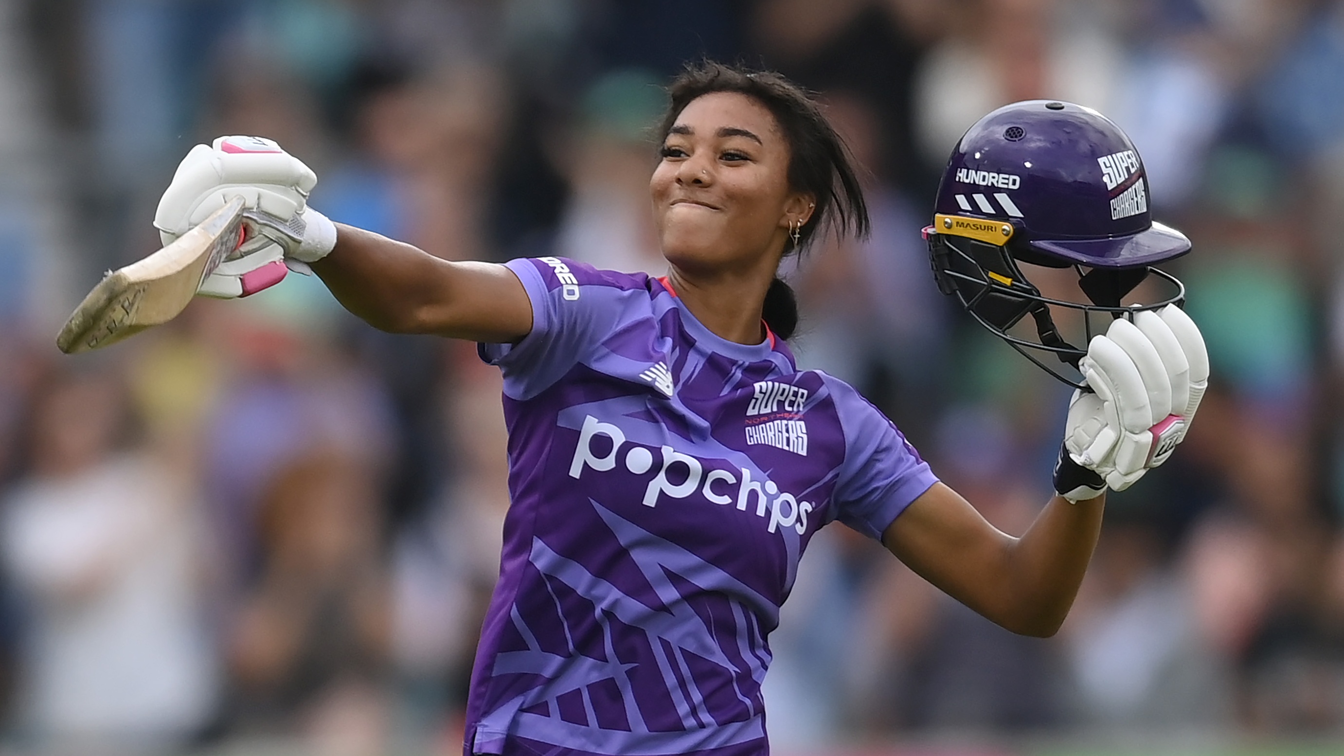 Davina Perrin of Northern Superchargers reaches her century during The Hundred Eliminator match between Northern Superchargers Women and London Spirit Women at The Kia Oval on August 30, 2025 in London, England.