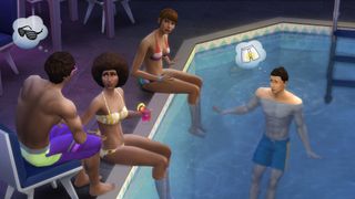 The Sims 4 cheats - A group of sims lounge in and around a pool
