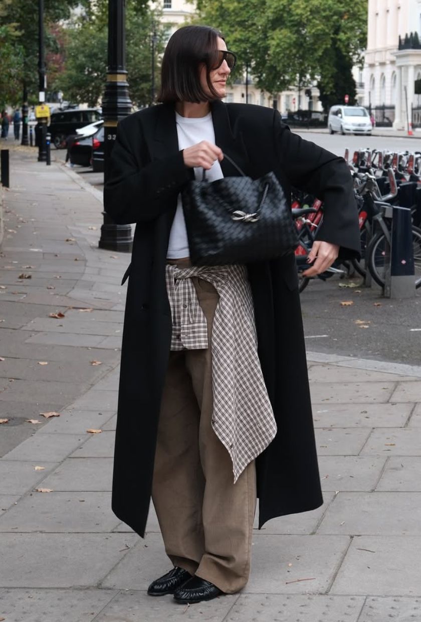 @sarahlouiseblythe wears a black wool coat, white top, camel jeans, black penny loafers and a woven bag