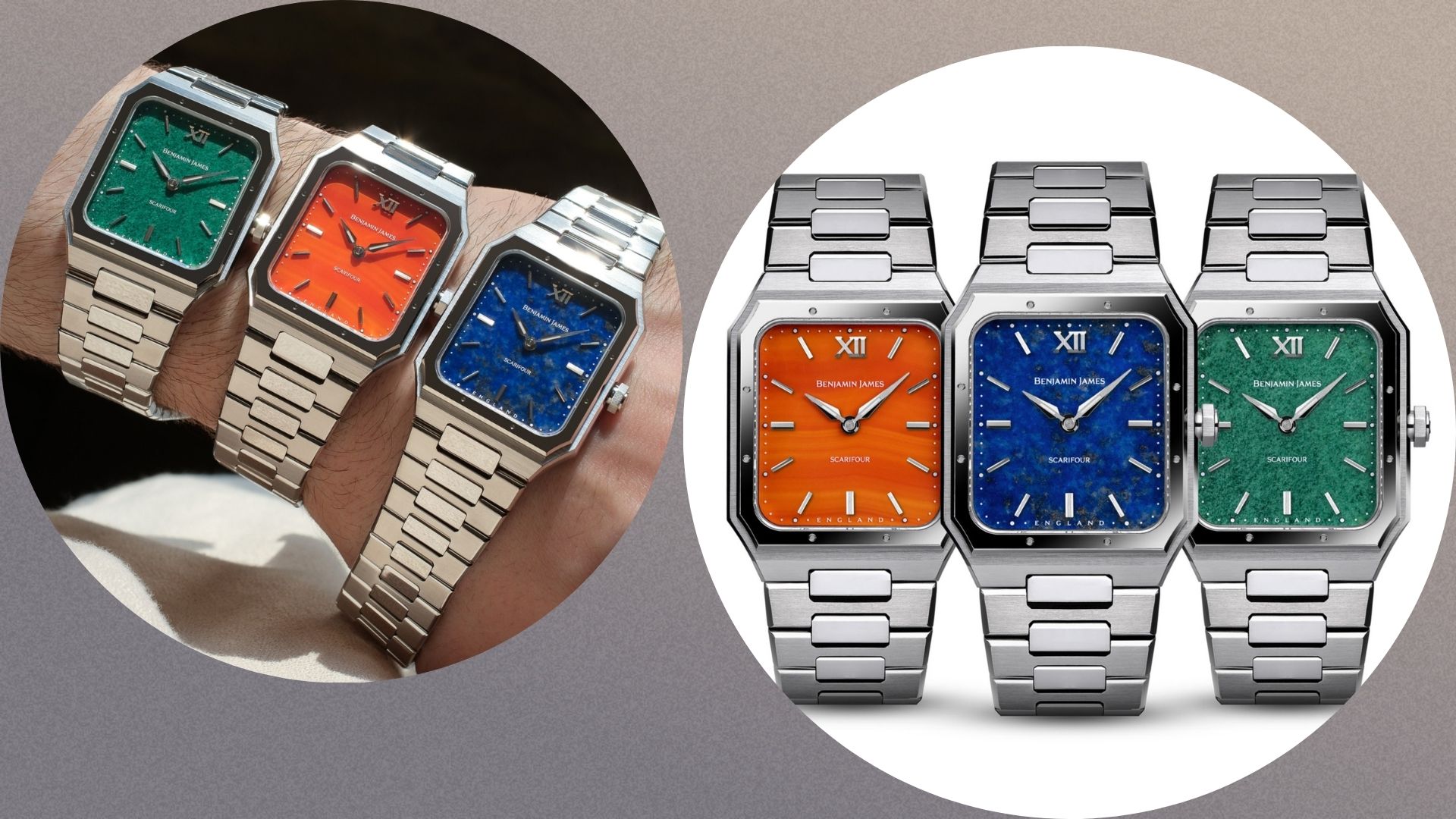 Benjamin James Watches Scarifour collection on a wrist and on a plain background 