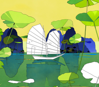 Animation by Werlen Meyer for Diptyque Do Son film showing a boat on a blue river in Vietnam