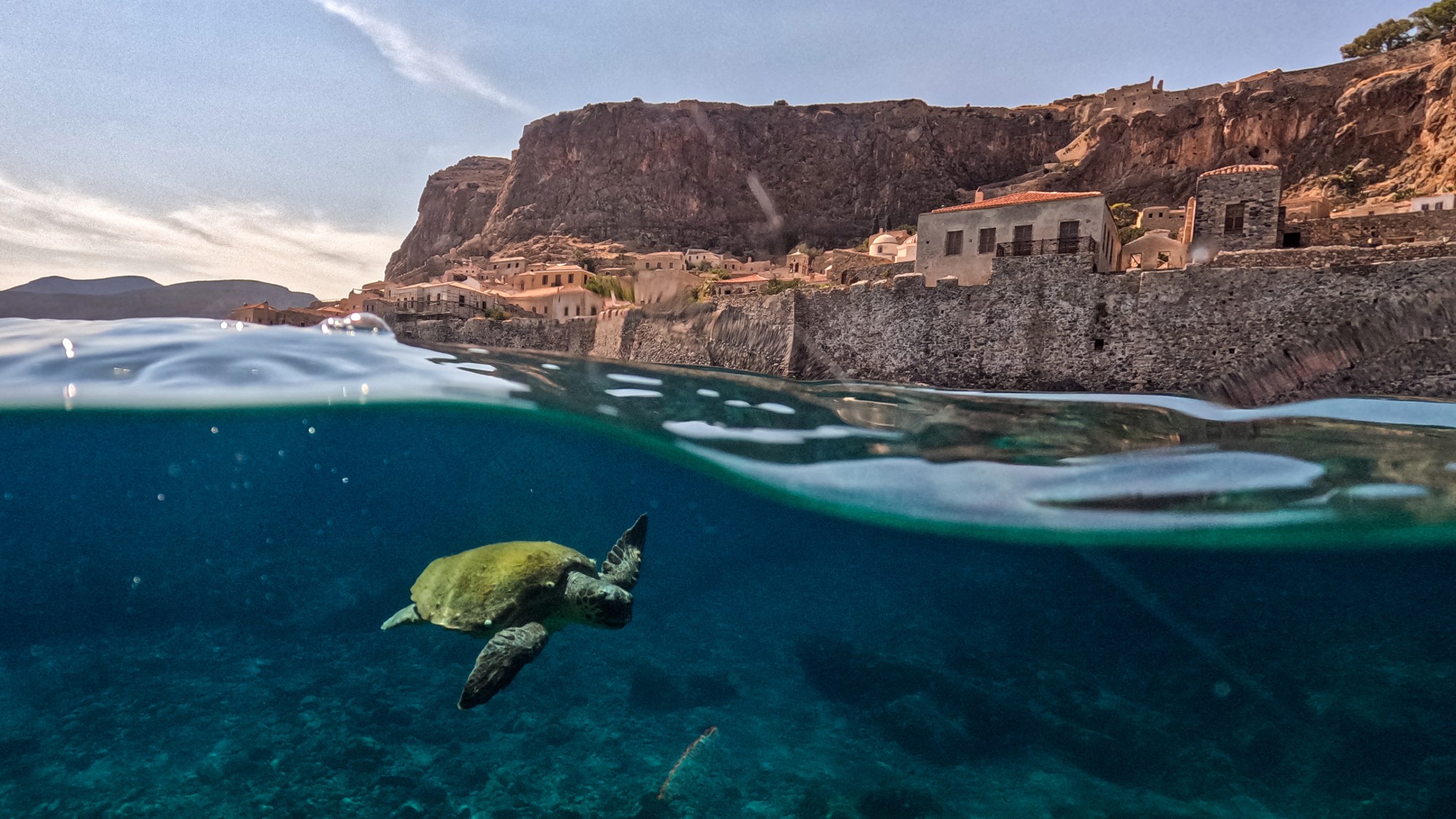 A loggerhead sea turtle (Caretta caretta) glides through the waters off Monemvasia, Greece, with the medieval castle town rising above the sea, on August 25, 2026.