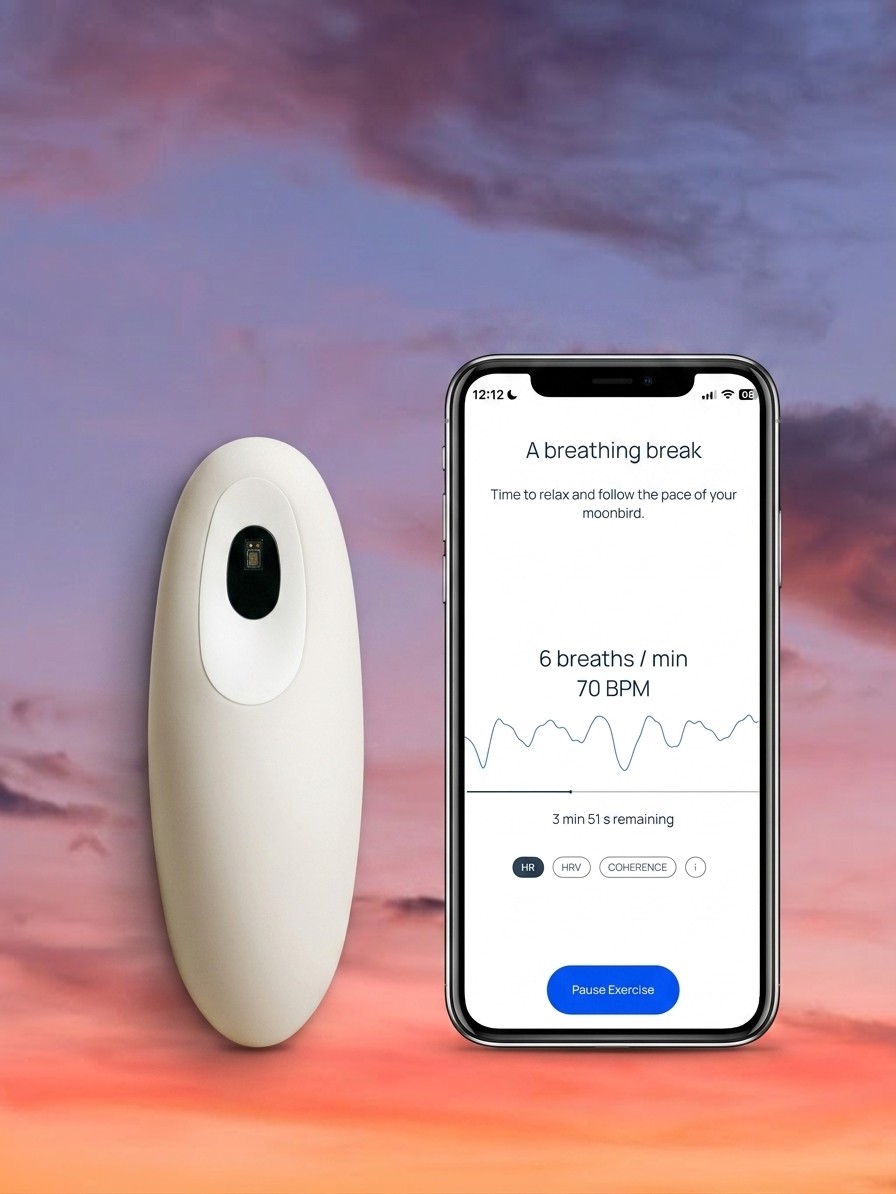 A Moonbird handheld breathing device next to a phone showing the Moonbird app against a blue night sky, edited by Gemini