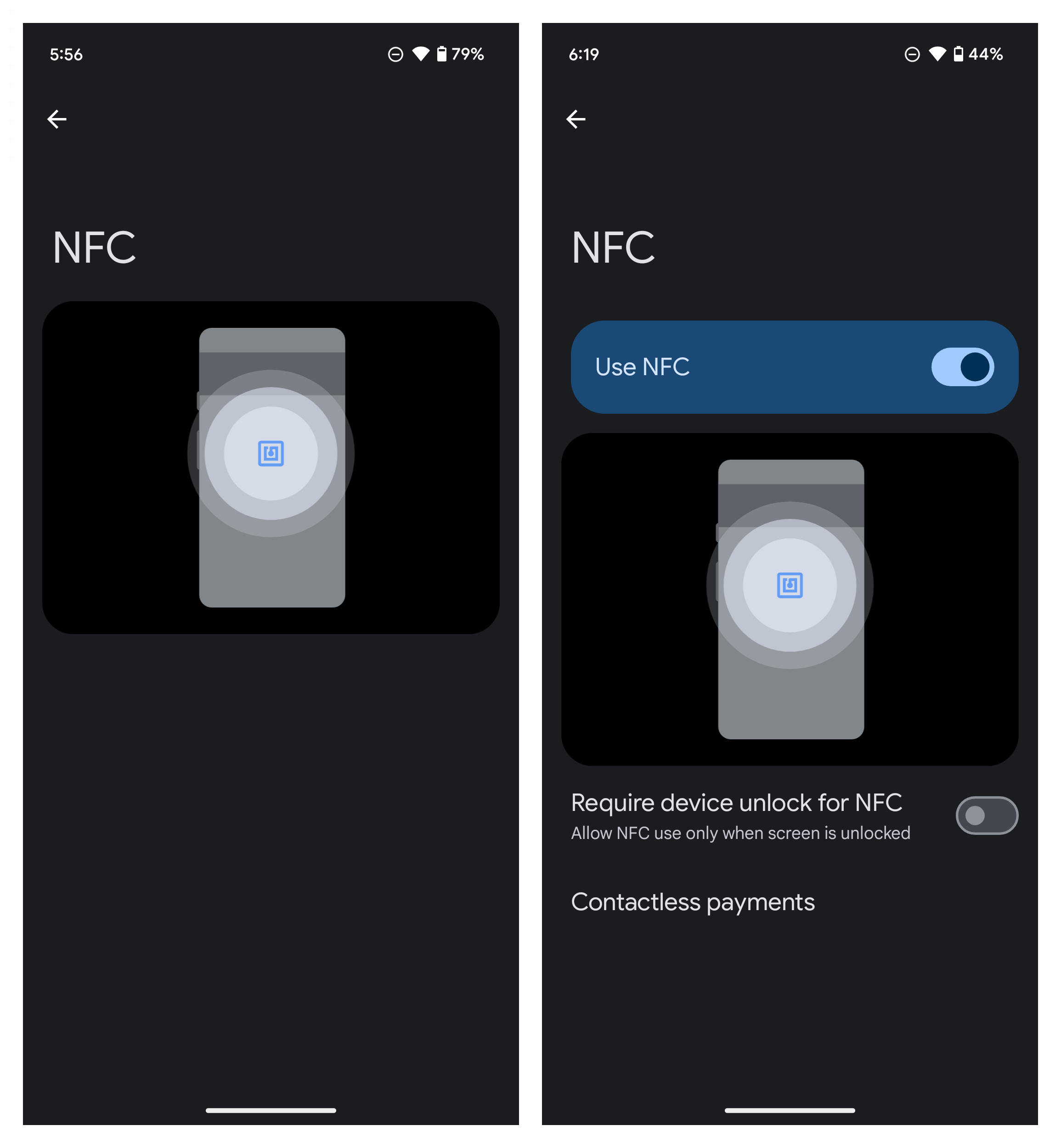 The NFC page on my Google Pixel before and after the Android 15 Beta 1.1 patch