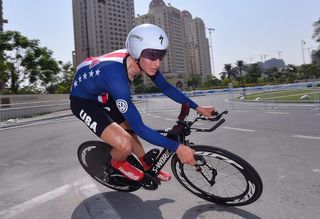 Nielson Powless competes in the U23 men's time trial at the Doha Worlds