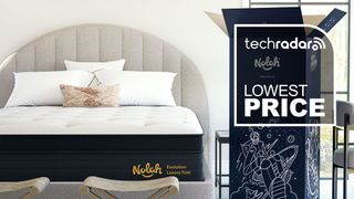 The Nolah Evolution 15" mattress in a bedroom with a graphic overlaid saying "LOWEST PRICE"