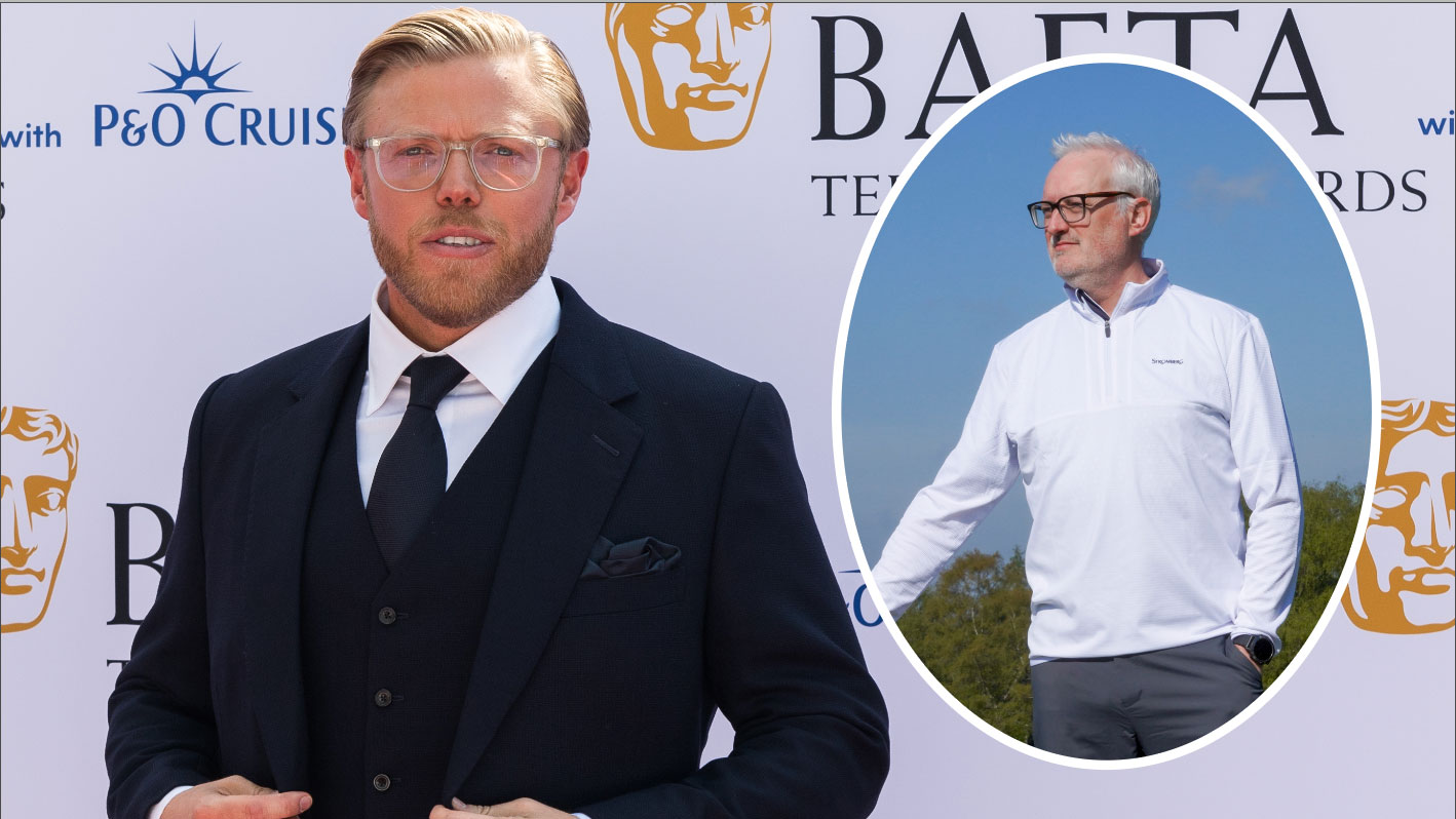 Comedian Rob Beckett at the BAFTAs with an inset of Golf Monthly content director Rob Spedding looking at him