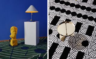 Two images. Left is of a white rectangular block with a lamp on it, a yellow bust next to it on a an abstract rug in front of a blue wall. Right has a round silver table on an abstract black and white rug.