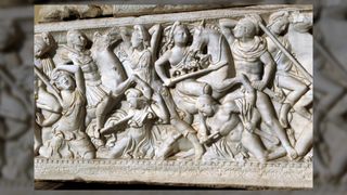 A battle between the Amazons and the Greeks depicted on a Roman period sarcophagus dating to the early third century A.D.