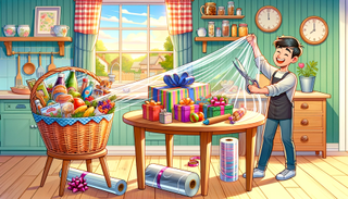cartoon-style image showing the process of wrapping a hamper. The scene is set in a bright, cheerful kitchen with a large table. On the table, a colorful wicker hamper is open, filled with various gift items like gourmet food, fruits, and small gift boxes. Beside the hamper, there's a roll of clear cellophane, ribbons in various colors, and a pair of scissors. A person with a joyful expression is in the act of pulling the cellophane up around the hamper to wrap it.