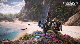 Aloy on a beach mounted looking at two Watchers