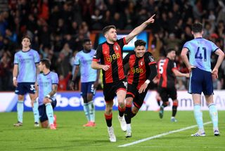 Ryan Christie of AFC Bournemouth celebrates scoring his team's first goal during the Premier League match between AFC Bournemouth and Arsenal FC at Vitality Stadium on October 19, 2024 in Bournemouth, England.