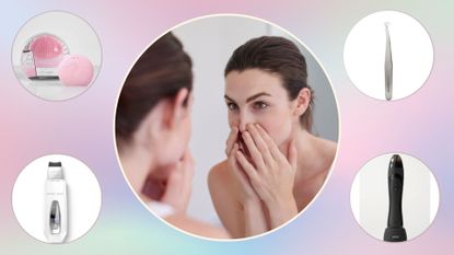 A woman unclogging a pore in the mirror surrounded by product shots of some of our best pore cleansing tools 
